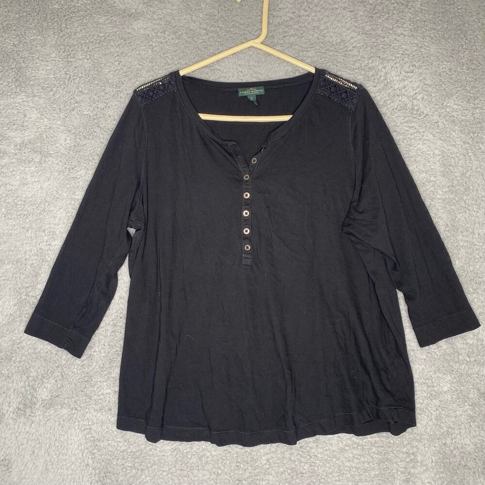 LRL lauren ralph lauren black quater sleeve lace button shirt stretch plus 1X